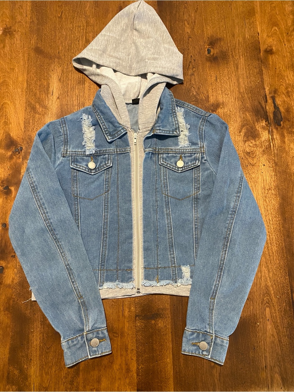 SHEIN Blue Denim Jacket with Gray Hooded Layer